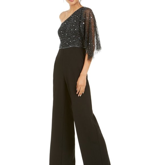 Adrianna Papell Jumpsuit Beaded sz 16One-SleeveBlack Beaded detailWide Leg